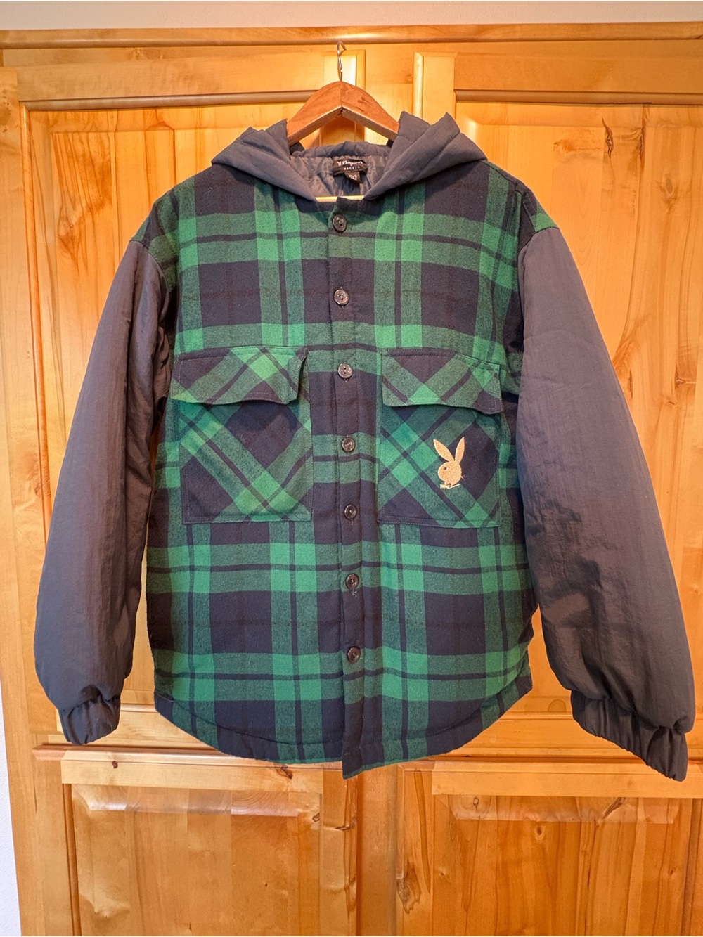 PLAYBOY by PacsunGreen & Navy Plaid Hooded puffer
